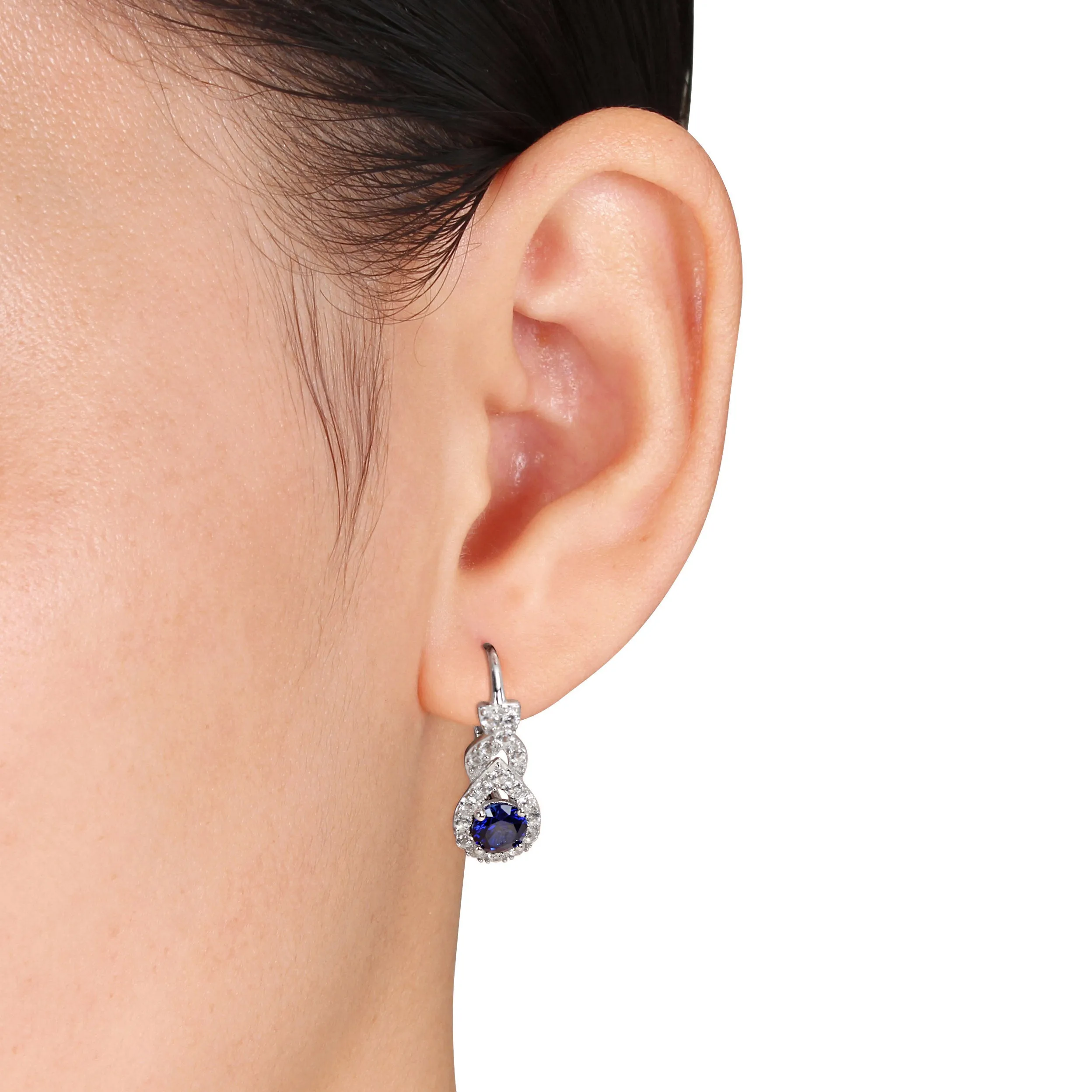 1 7/8 CT TGW Created Blue and White Sapphire Twist Leverback Earrings in Sterling Silver