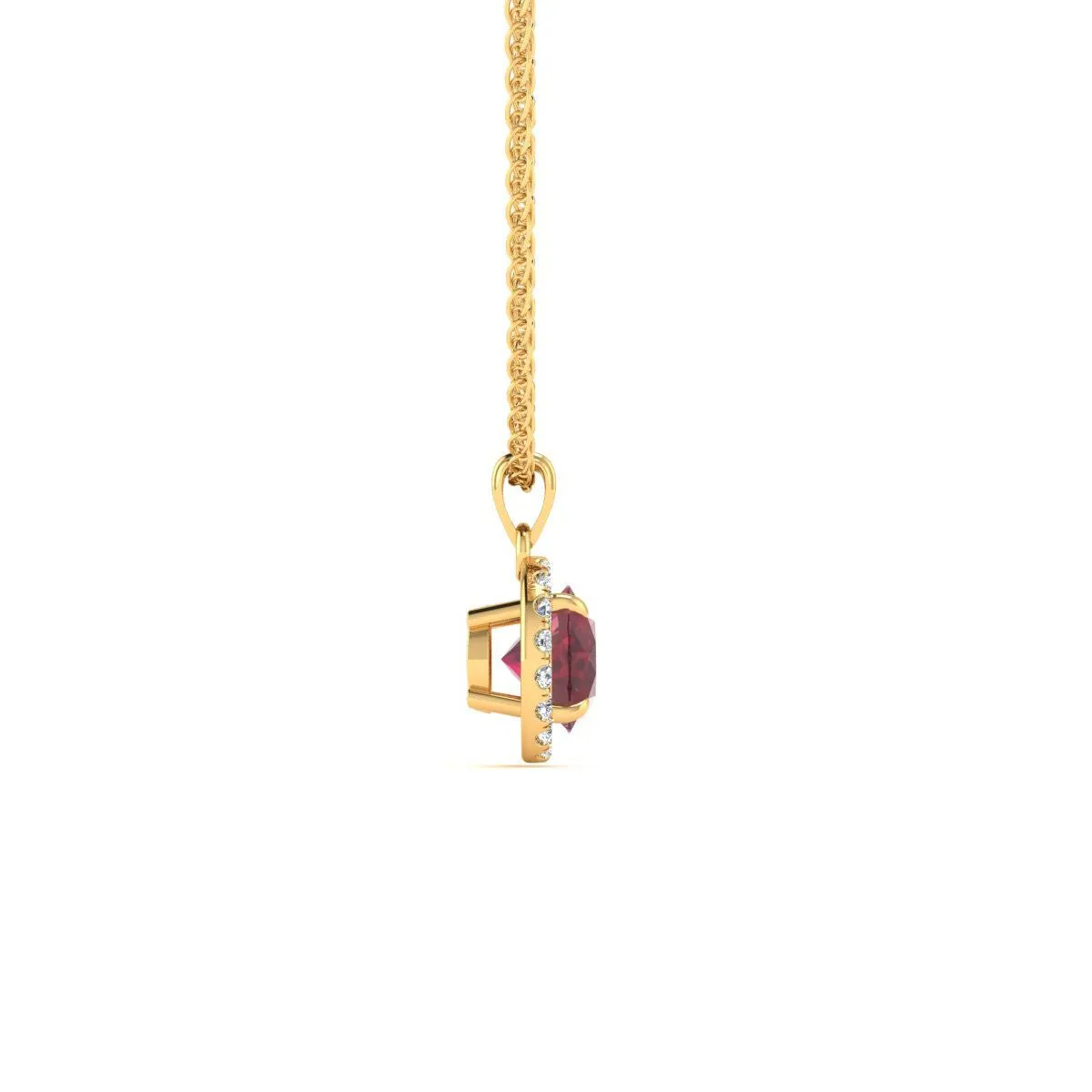 1 Carat Round Shape Ruby And Halo Diamond Necklace In 14 Karat Yellow Gold