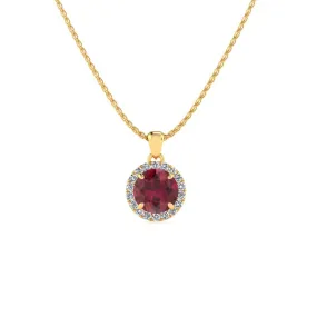 1 Carat Round Shape Ruby And Halo Diamond Necklace In 14 Karat Yellow Gold