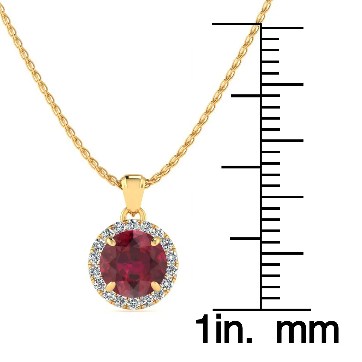 1 Carat Round Shape Ruby And Halo Diamond Necklace In 14 Karat Yellow Gold