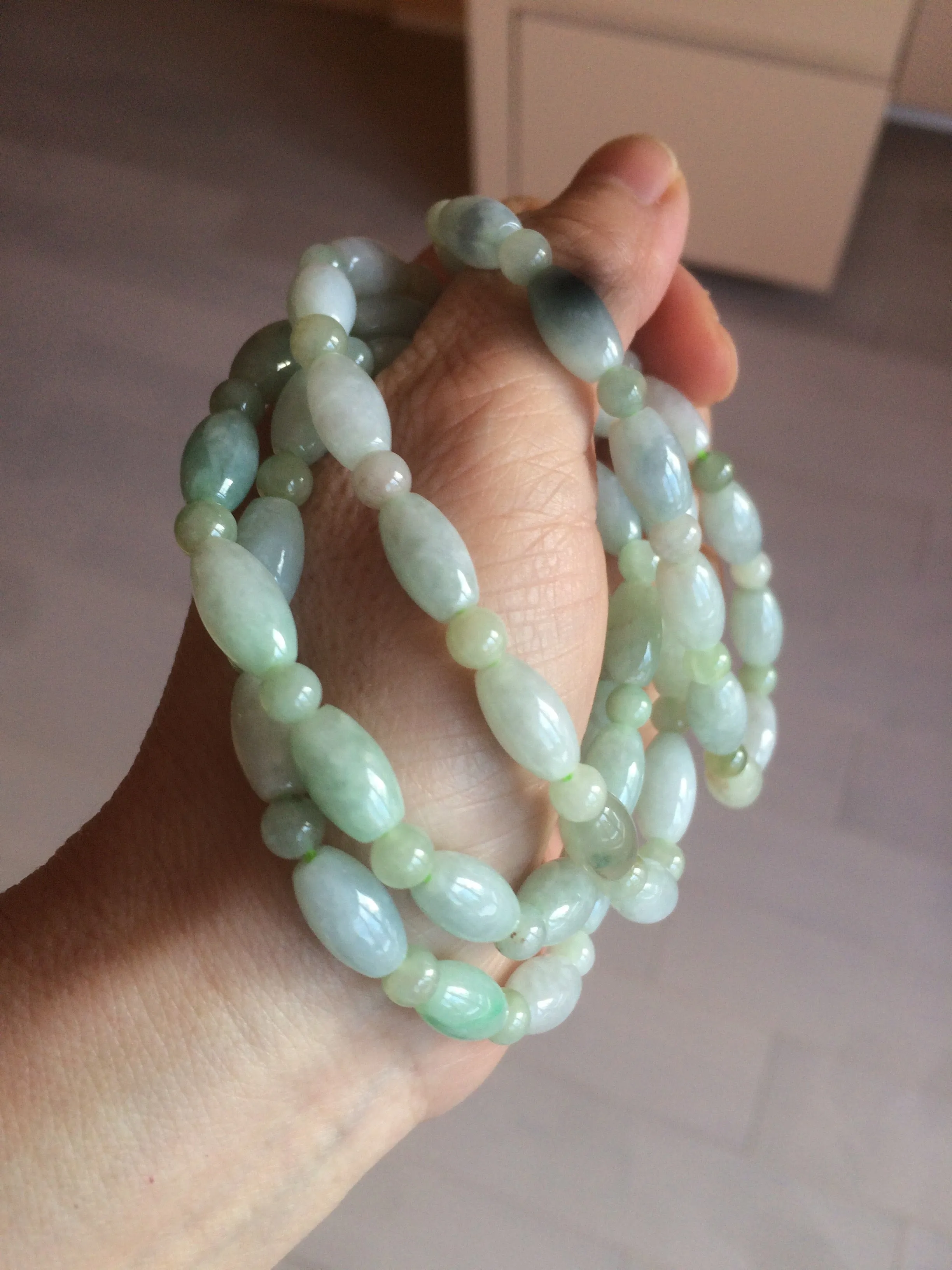 100% natural type A icy watery green olive shape(LU LU TONG) beads  round bead  jadeite jade  bracelet BK55