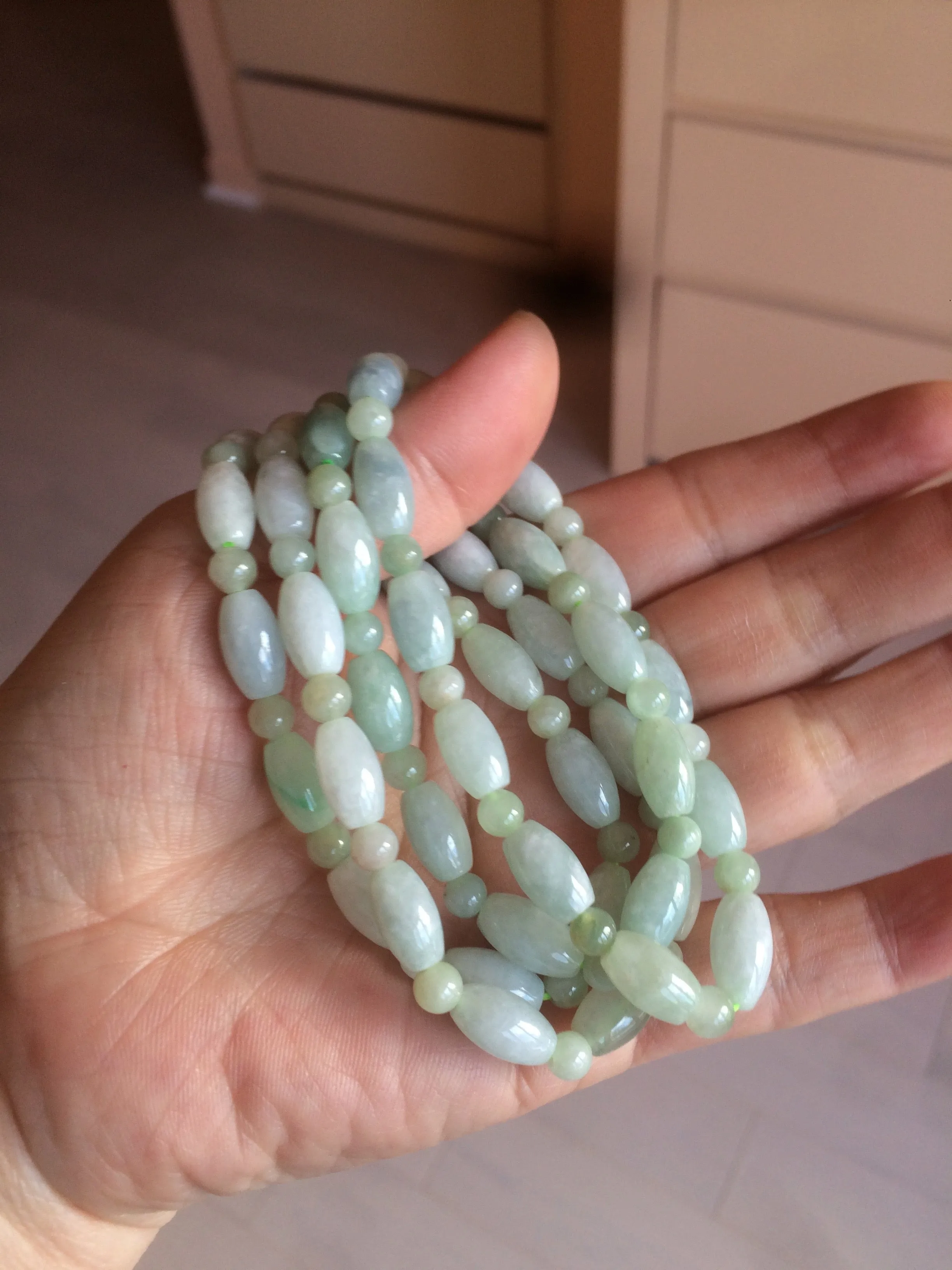 100% natural type A icy watery green olive shape(LU LU TONG) beads  round bead  jadeite jade  bracelet BK55