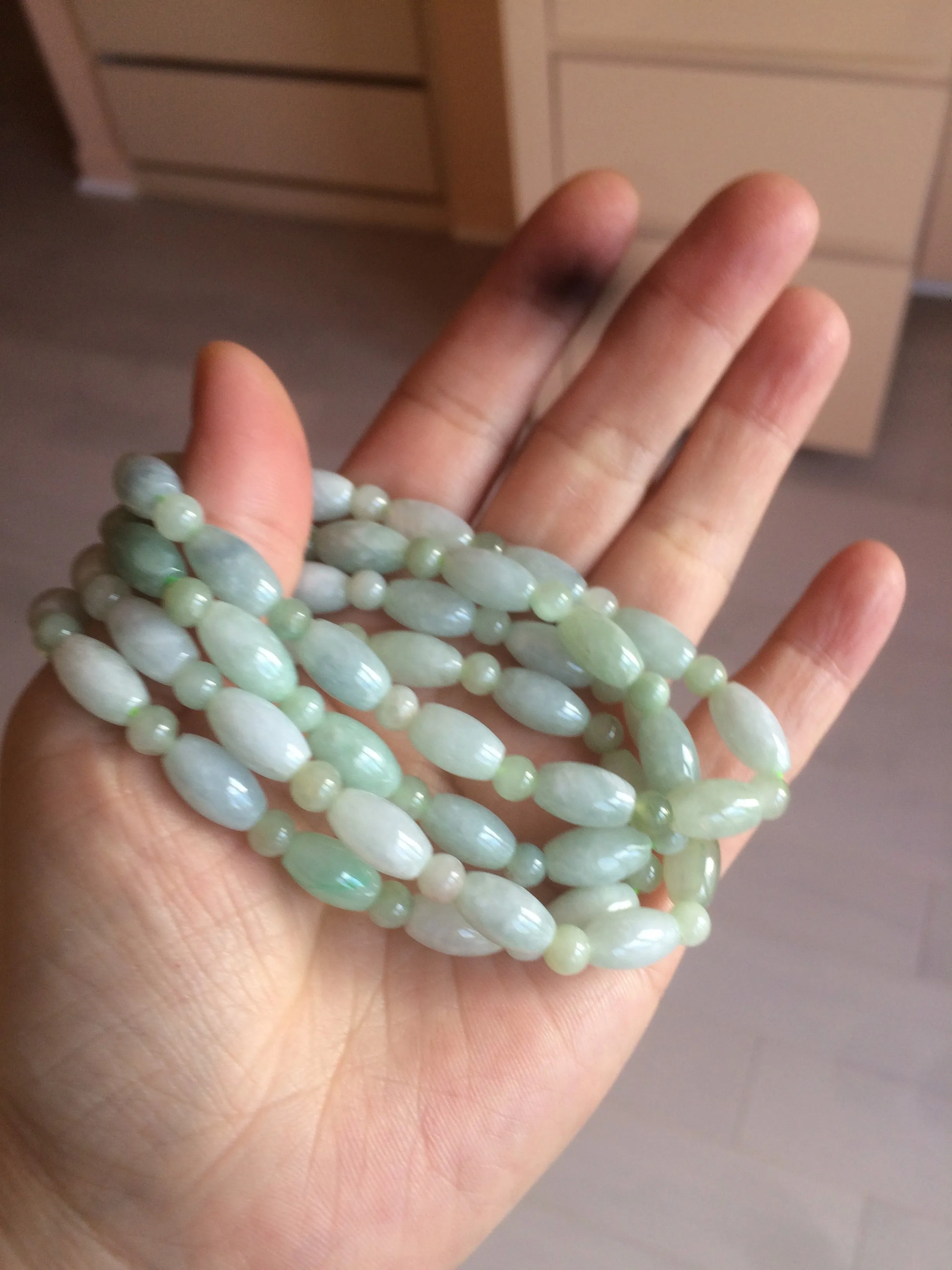 100% natural type A icy watery green olive shape(LU LU TONG) beads  round bead  jadeite jade  bracelet BK55