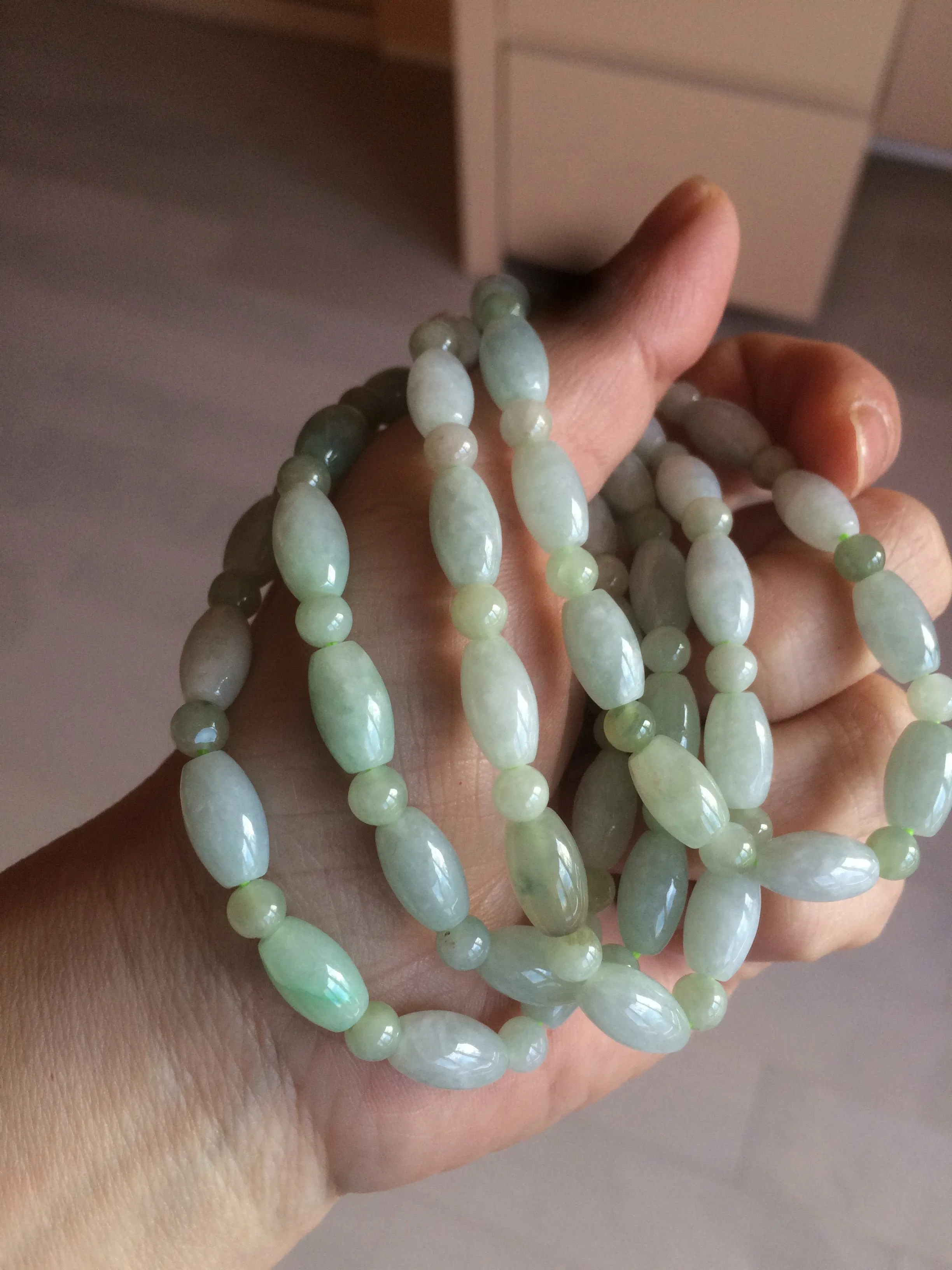 100% natural type A icy watery green olive shape(LU LU TONG) beads  round bead  jadeite jade  bracelet BK55