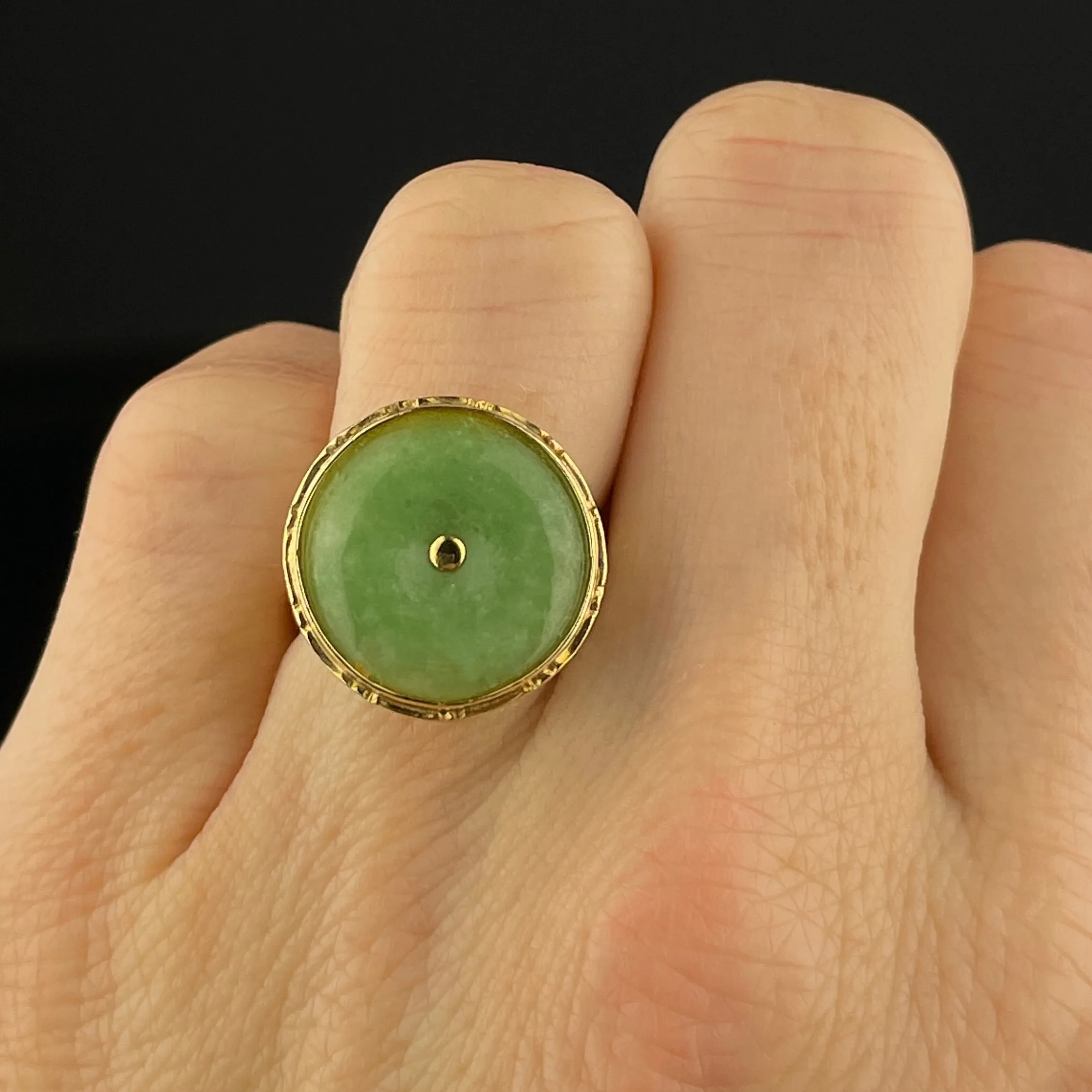 14K Gold Jade Disc Vintage Statement Ring, Sz 6