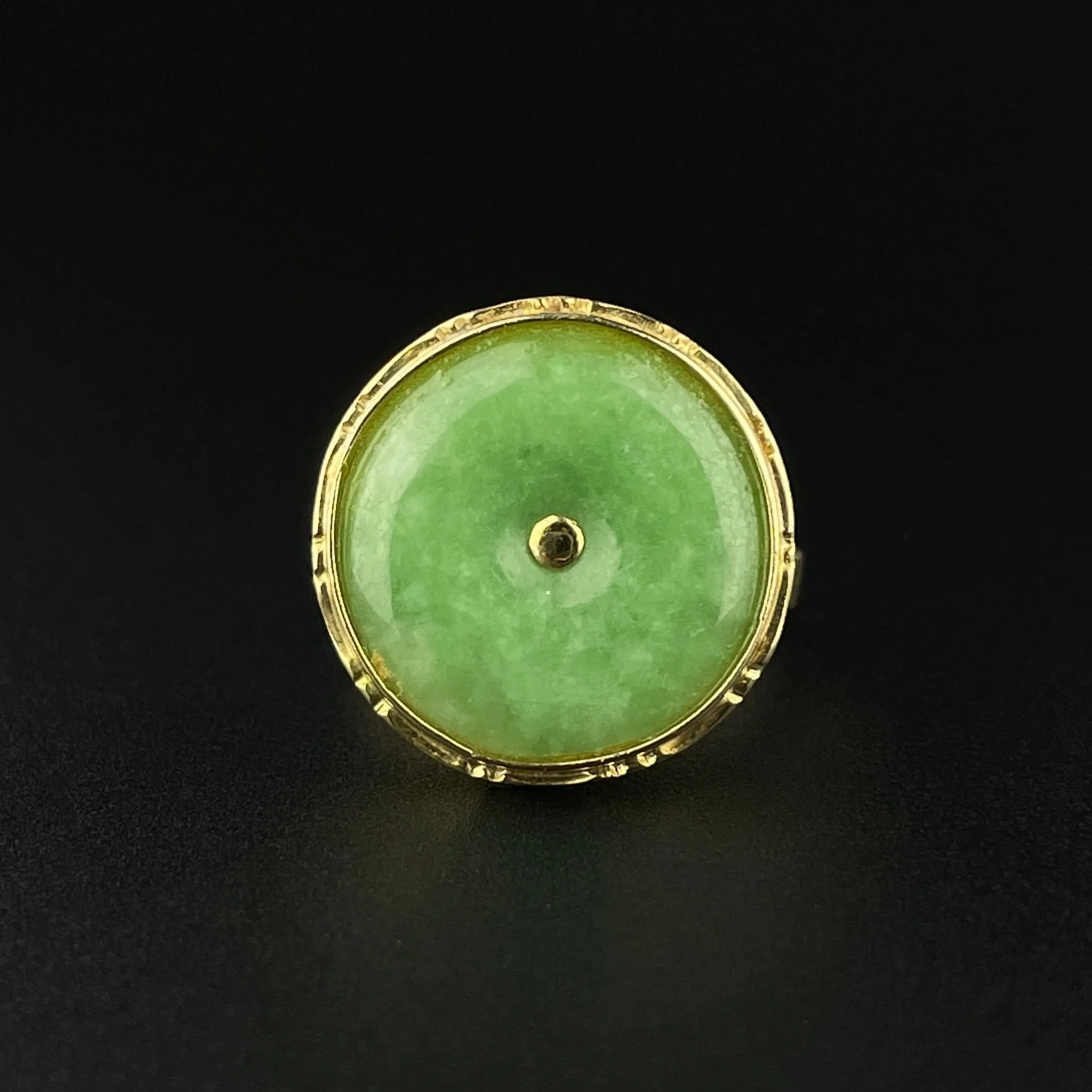 14K Gold Jade Disc Vintage Statement Ring, Sz 6