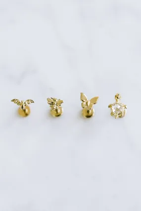 14K Real Gold Minimalist Solitaire Animal Forward Helix Cartilage Tragus Inner Conch Ear Stud Post Internally Threaded Flat Back Earring Labret Jewelry