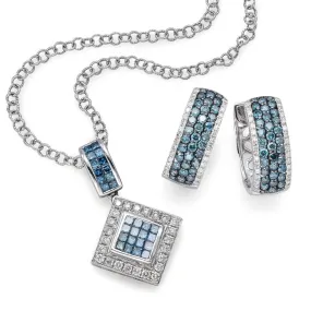 14K White Gold White & Blue Diamond Pendant Necklace & Huggie Earrings Set