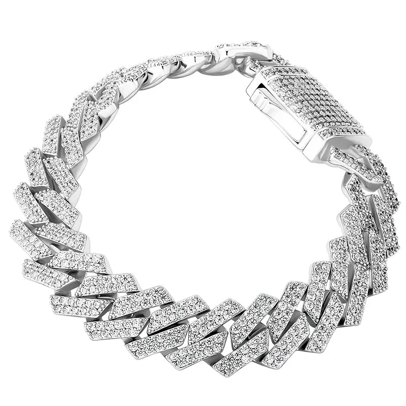 14mm Moissanite Prong Cuban Bracelet in 925 Silver