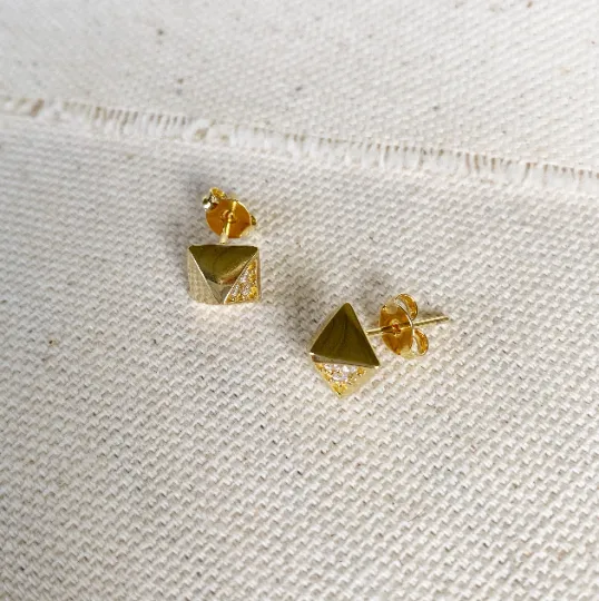 18k Gold Filled Pyramid Detail Cubic Zirconia Stud Earrings