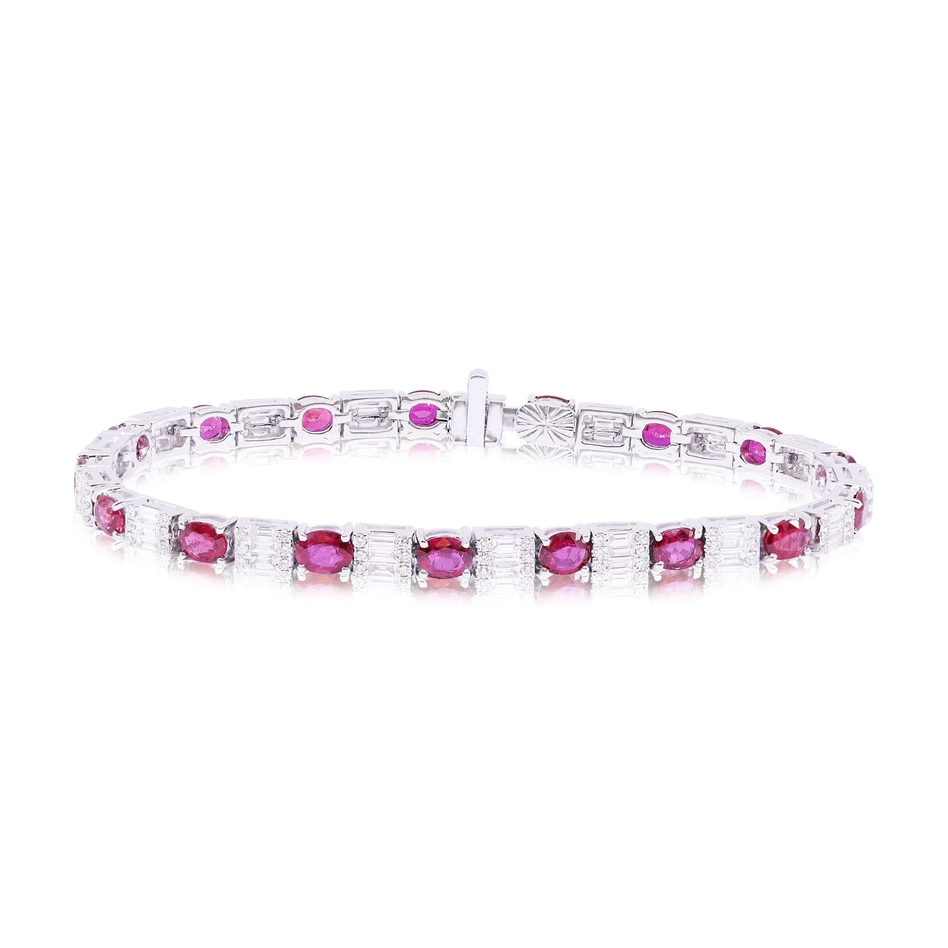 18K White Gold Bracelet with 7-Inch Straight Line of Alternating Oval Rubies and Baguette & Round Diamonds