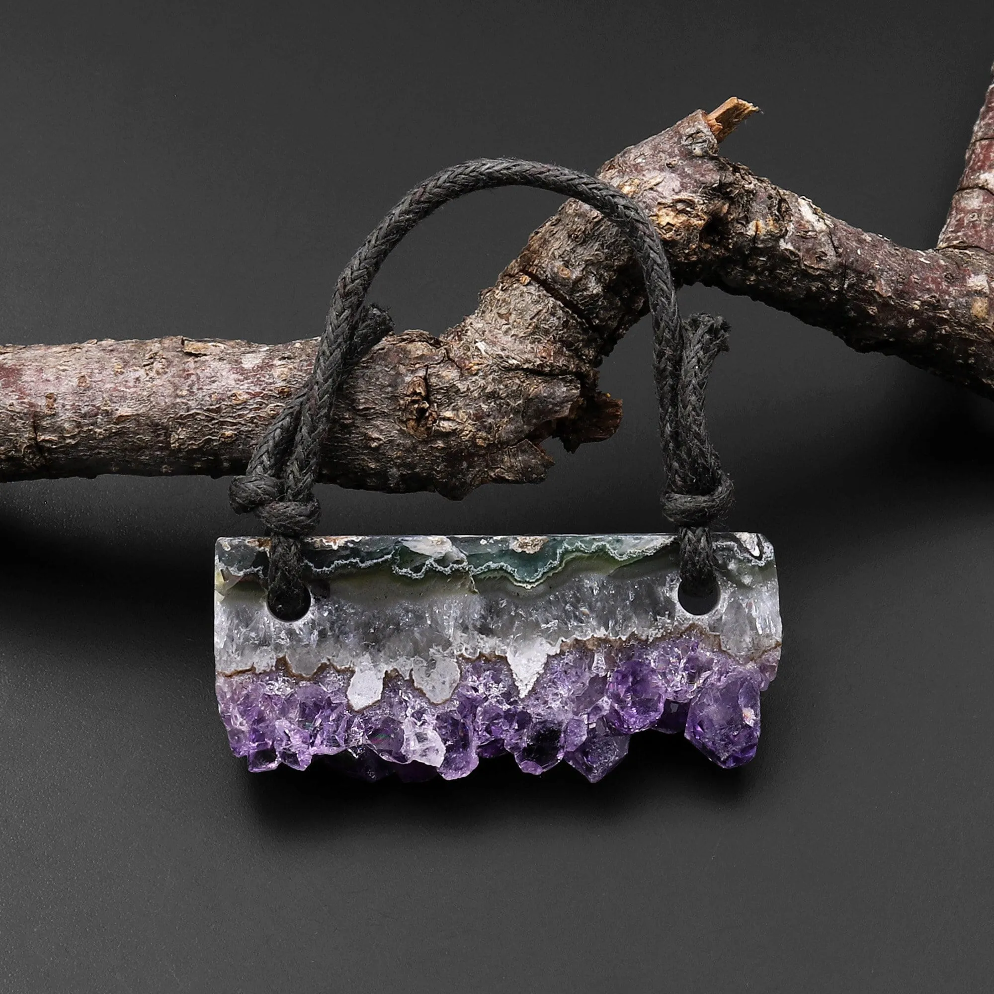 2 Hole Pendant Amethyst Stalactite Pendant Drilled Stalactite Long Rectangle Slice Natural Gemstone Pendant Bead Good For Leather P1596