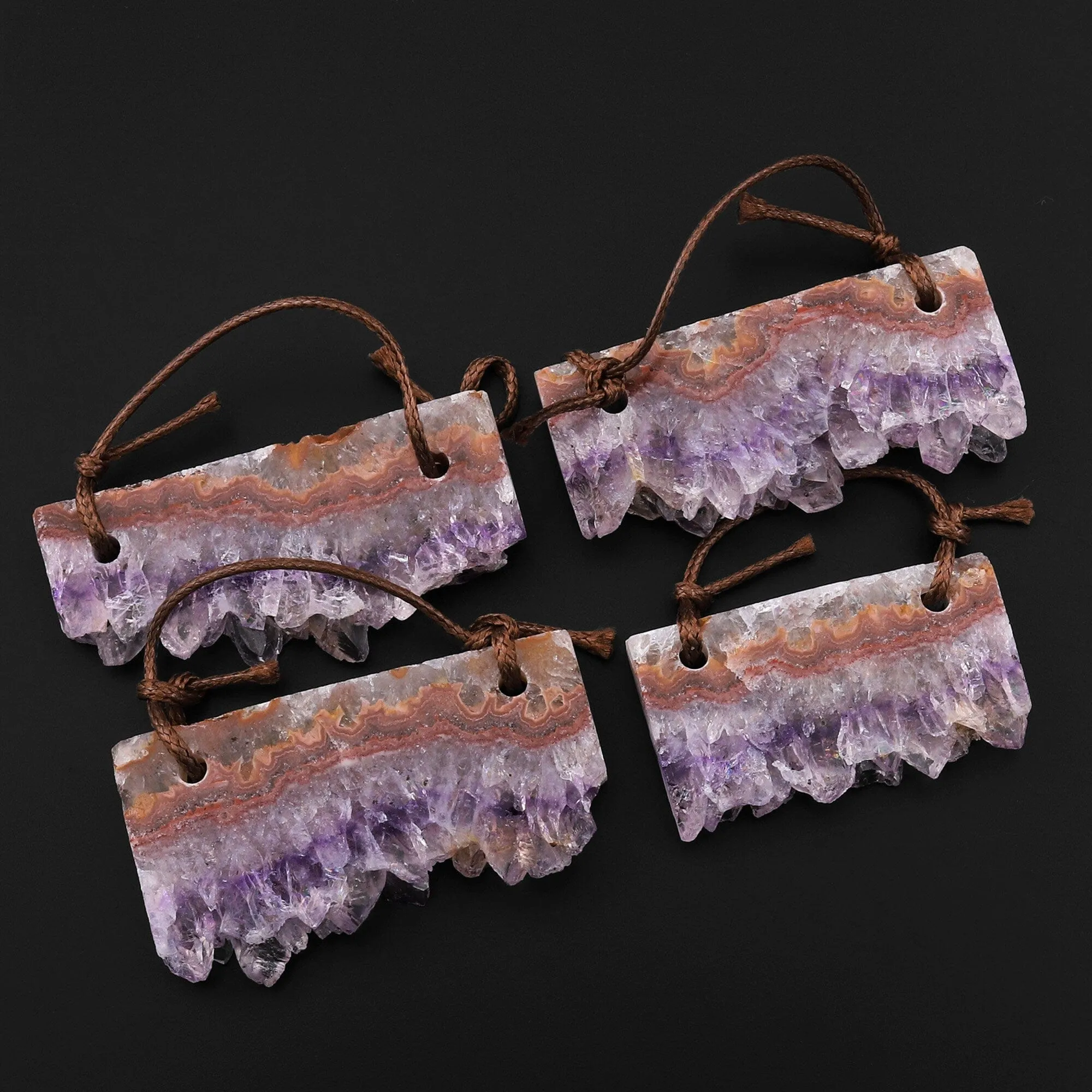 2 Hole Pendant Natural Bright Orange Brown Purple Amethyst Crystal Stalactite Druzy Pendant Drilled Flat Long Rectangle