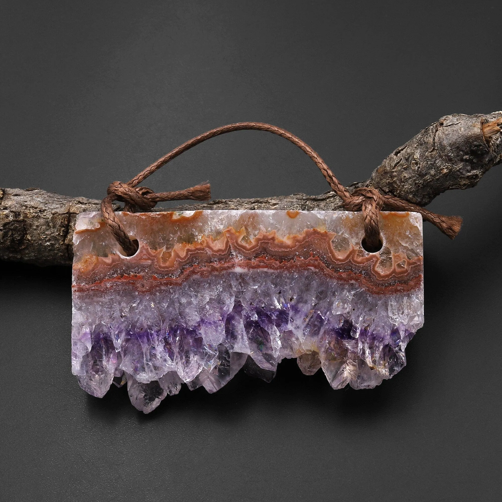 2 Hole Pendant Natural Bright Orange Brown Purple Amethyst Crystal Stalactite Druzy Pendant Drilled Flat Long Rectangle