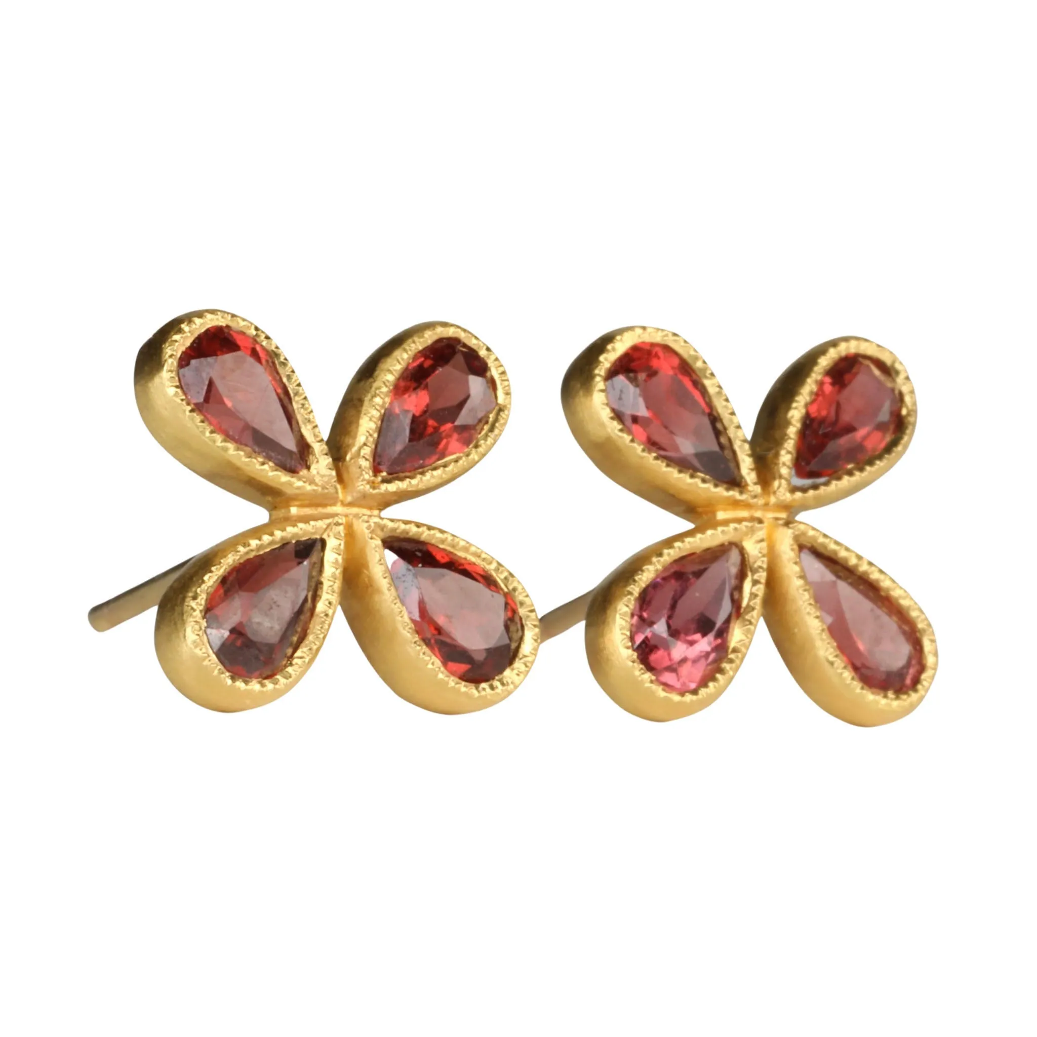 22K Gold Garnet Star Post Earrings with Milgrain Details