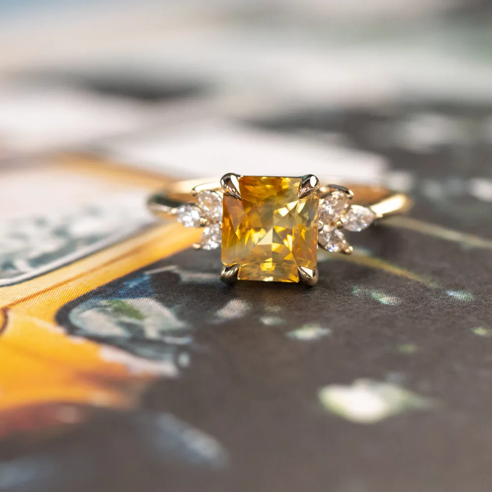 2.51ct Bicolor Orange White Sapphire Radiant Cut Marquise Diamond Cluster Ring in 14k Yellow Gold