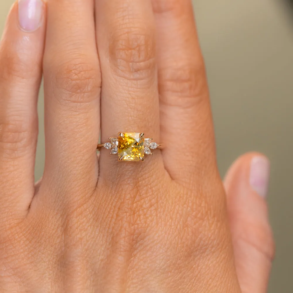 2.51ct Bicolor Orange White Sapphire Radiant Cut Marquise Diamond Cluster Ring in 14k Yellow Gold