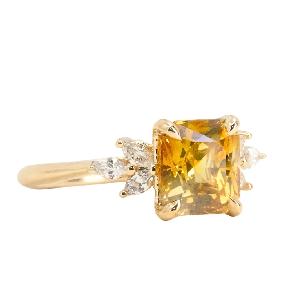 2.51ct Bicolor Orange White Sapphire Radiant Cut Marquise Diamond Cluster Ring in 14k Yellow Gold