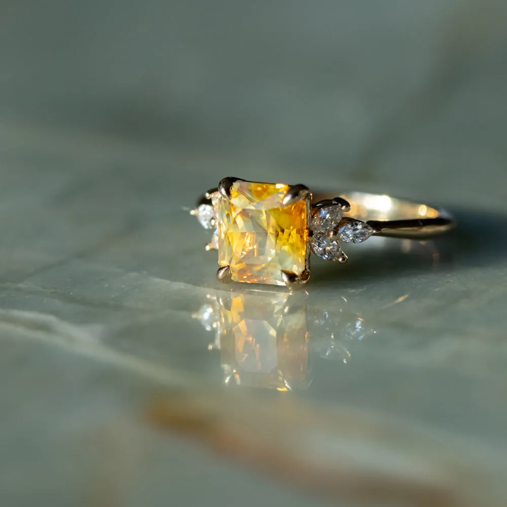 2.51ct Bicolor Orange White Sapphire Radiant Cut Marquise Diamond Cluster Ring in 14k Yellow Gold