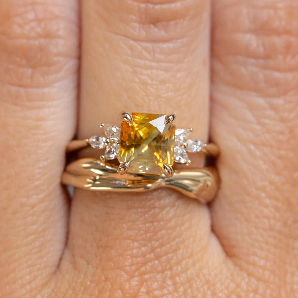 2.51ct Bicolor Orange White Sapphire Radiant Cut Marquise Diamond Cluster Ring in 14k Yellow Gold