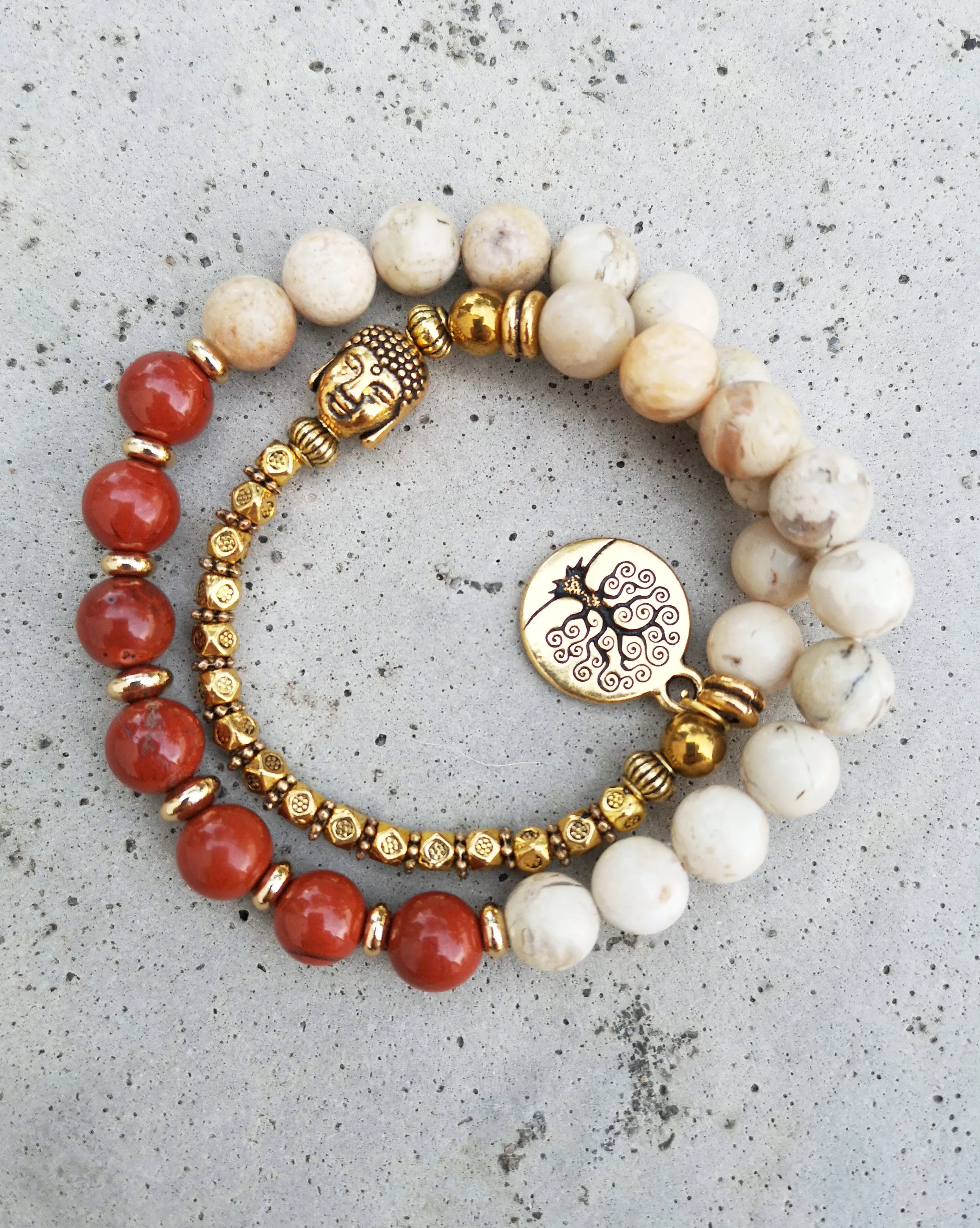 27 Bead Mala Bracelet in Red Jasper, African Opal, Tree of Life Gold Charm