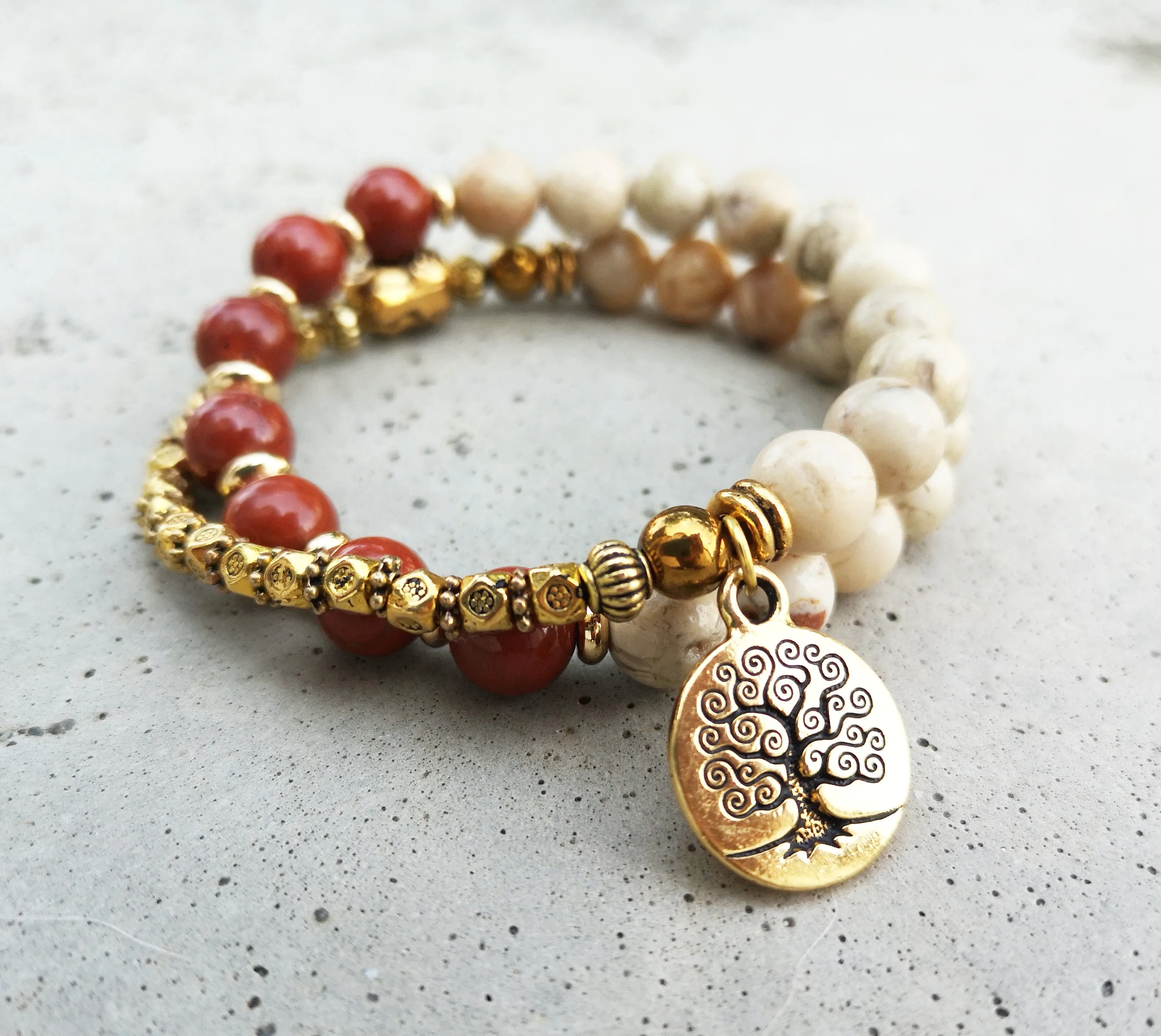 27 Bead Mala Bracelet in Red Jasper, African Opal, Tree of Life Gold Charm