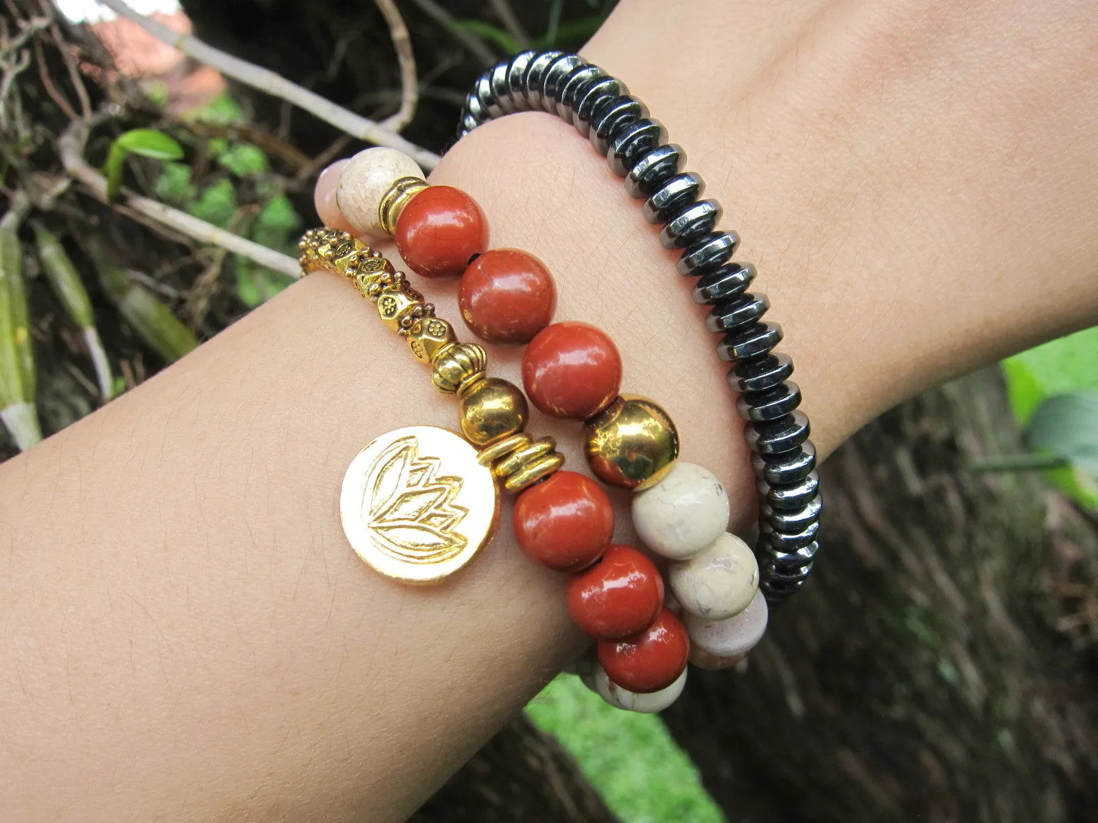 27 Bead Mala Bracelet in Red Jasper, African Opal, Tree of Life Gold Charm