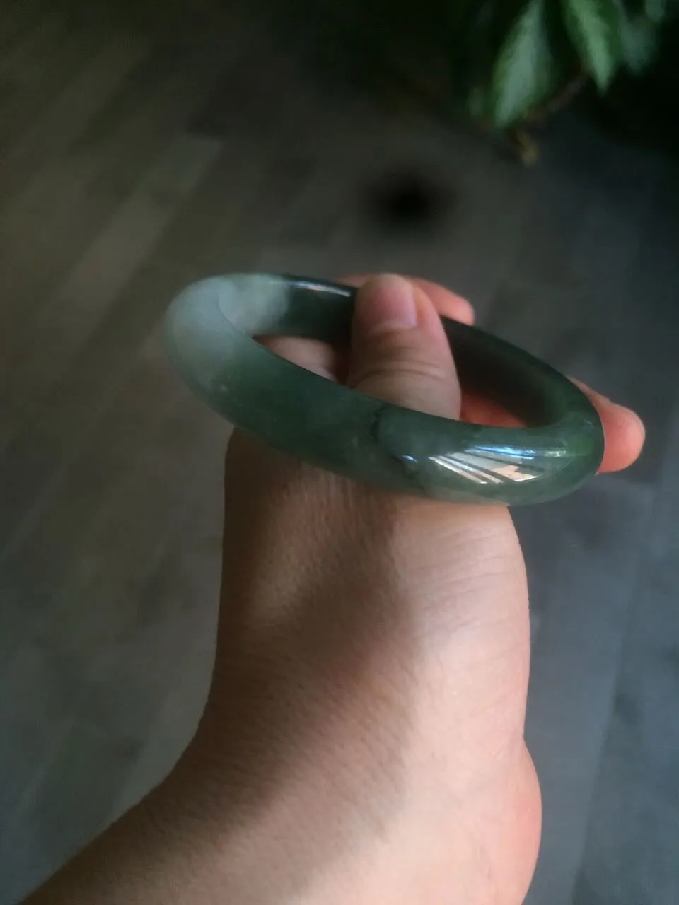 57mm certified type A 100% Natural watery dark green/black/white Jadeite jade bangle M94-0390