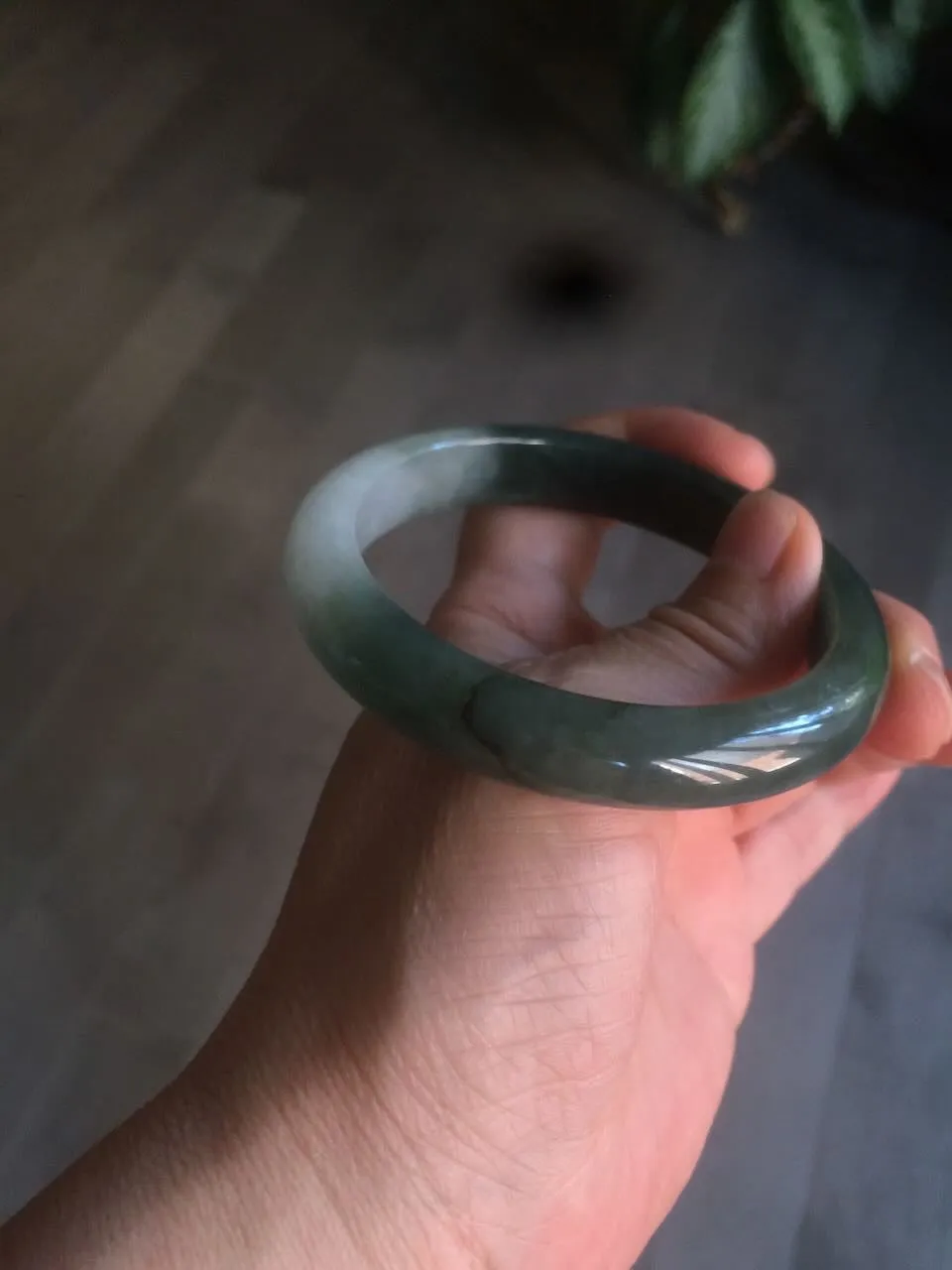 57mm certified type A 100% Natural watery dark green/black/white Jadeite jade bangle M94-0390