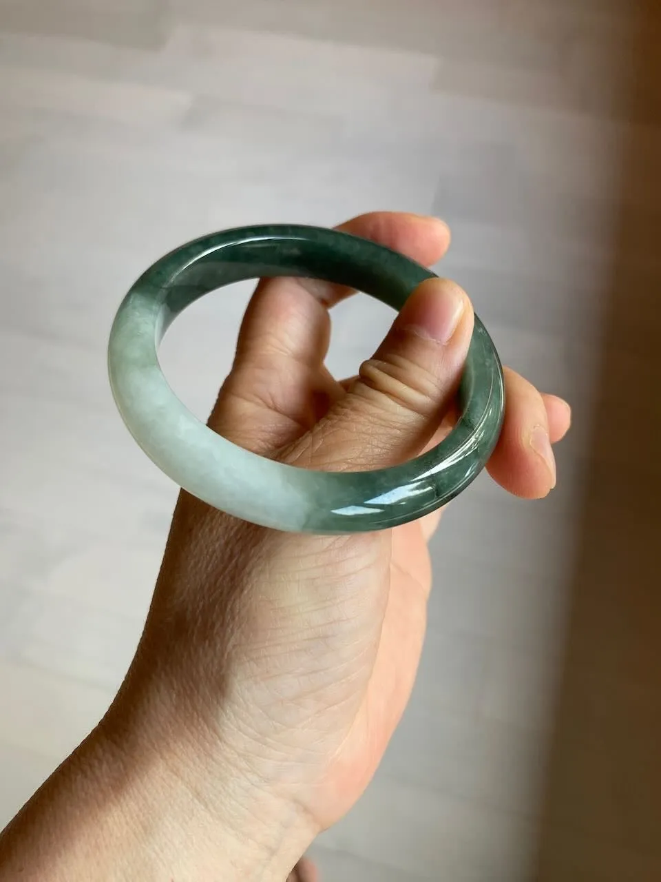 57mm certified type A 100% Natural watery dark green/black/white Jadeite jade bangle M94-0390