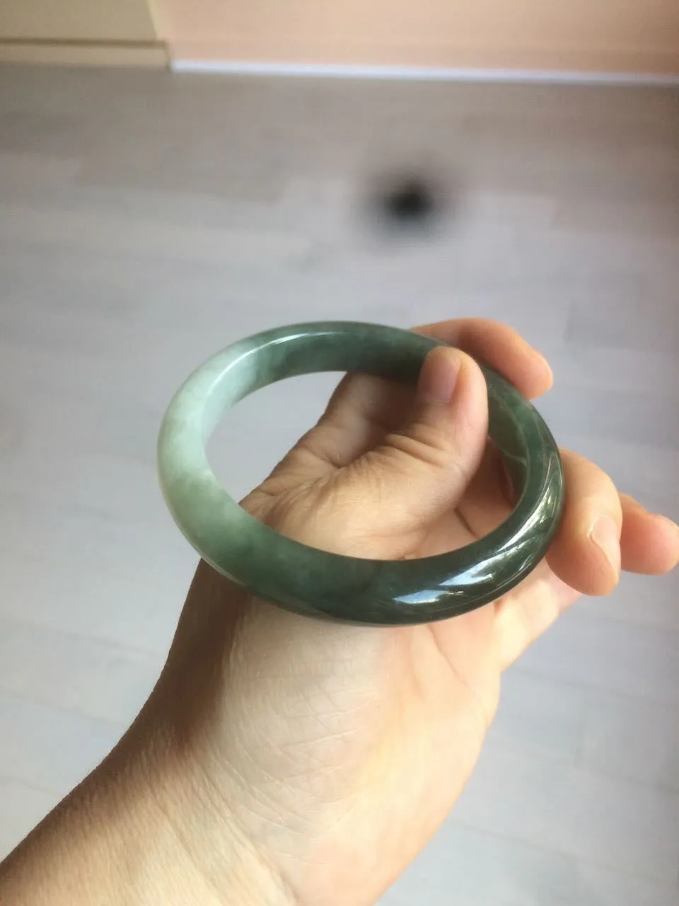 57mm certified type A 100% Natural watery dark green/black/white Jadeite jade bangle M94-0390