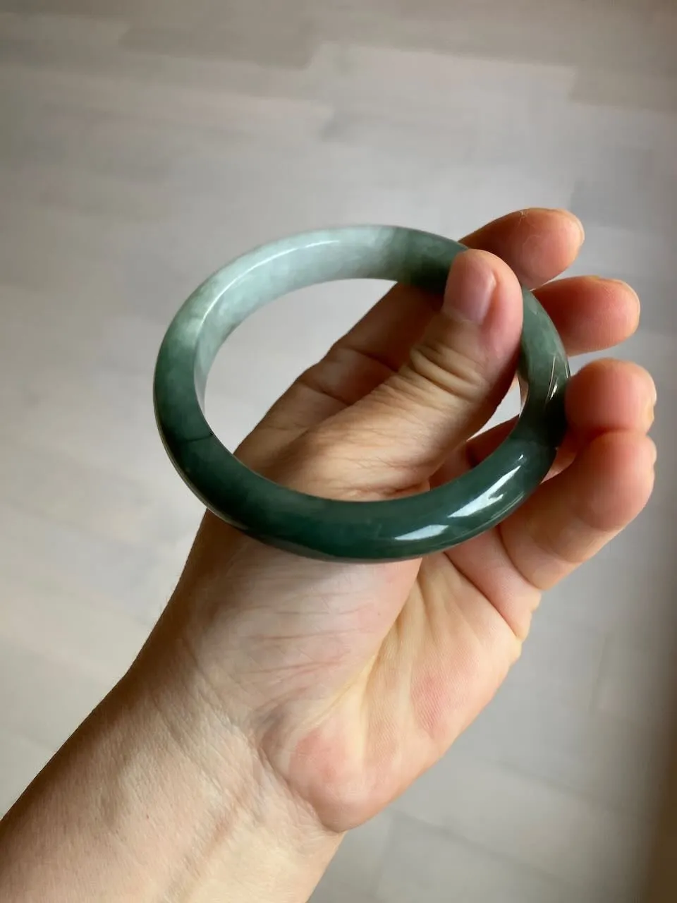 57mm certified type A 100% Natural watery dark green/black/white Jadeite jade bangle M94-0390