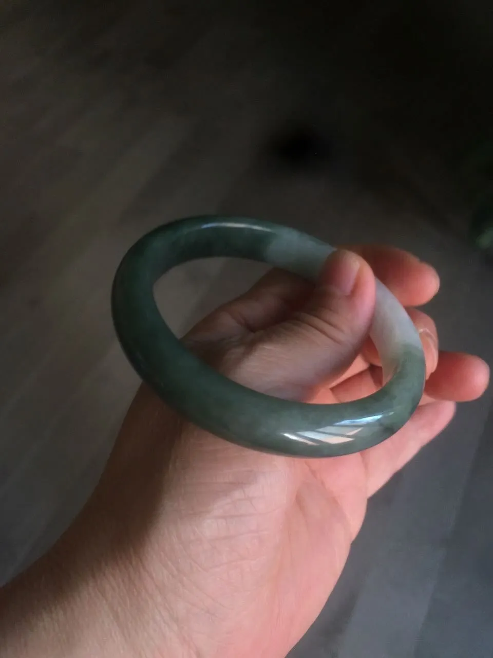 57mm certified type A 100% Natural watery dark green/black/white Jadeite jade bangle M94-0390