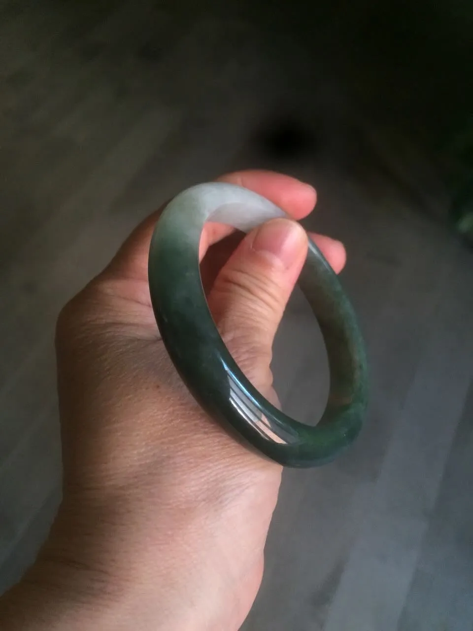 57mm certified type A 100% Natural watery dark green/black/white Jadeite jade bangle M94-0390