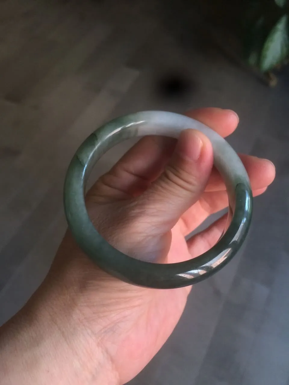 57mm certified type A 100% Natural watery dark green/black/white Jadeite jade bangle M94-0390