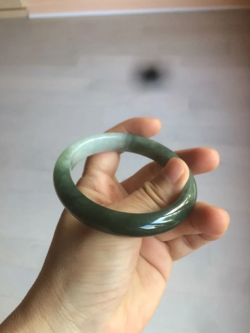 57mm certified type A 100% Natural watery dark green/black/white Jadeite jade bangle M94-0390