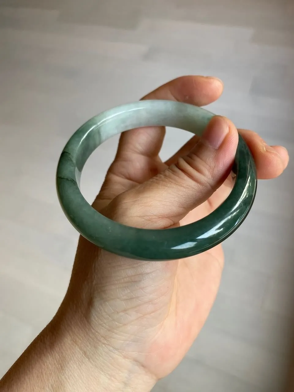 57mm certified type A 100% Natural watery dark green/black/white Jadeite jade bangle M94-0390