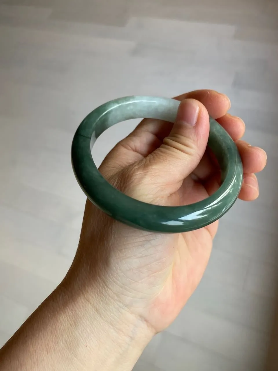 57mm certified type A 100% Natural watery dark green/black/white Jadeite jade bangle M94-0390