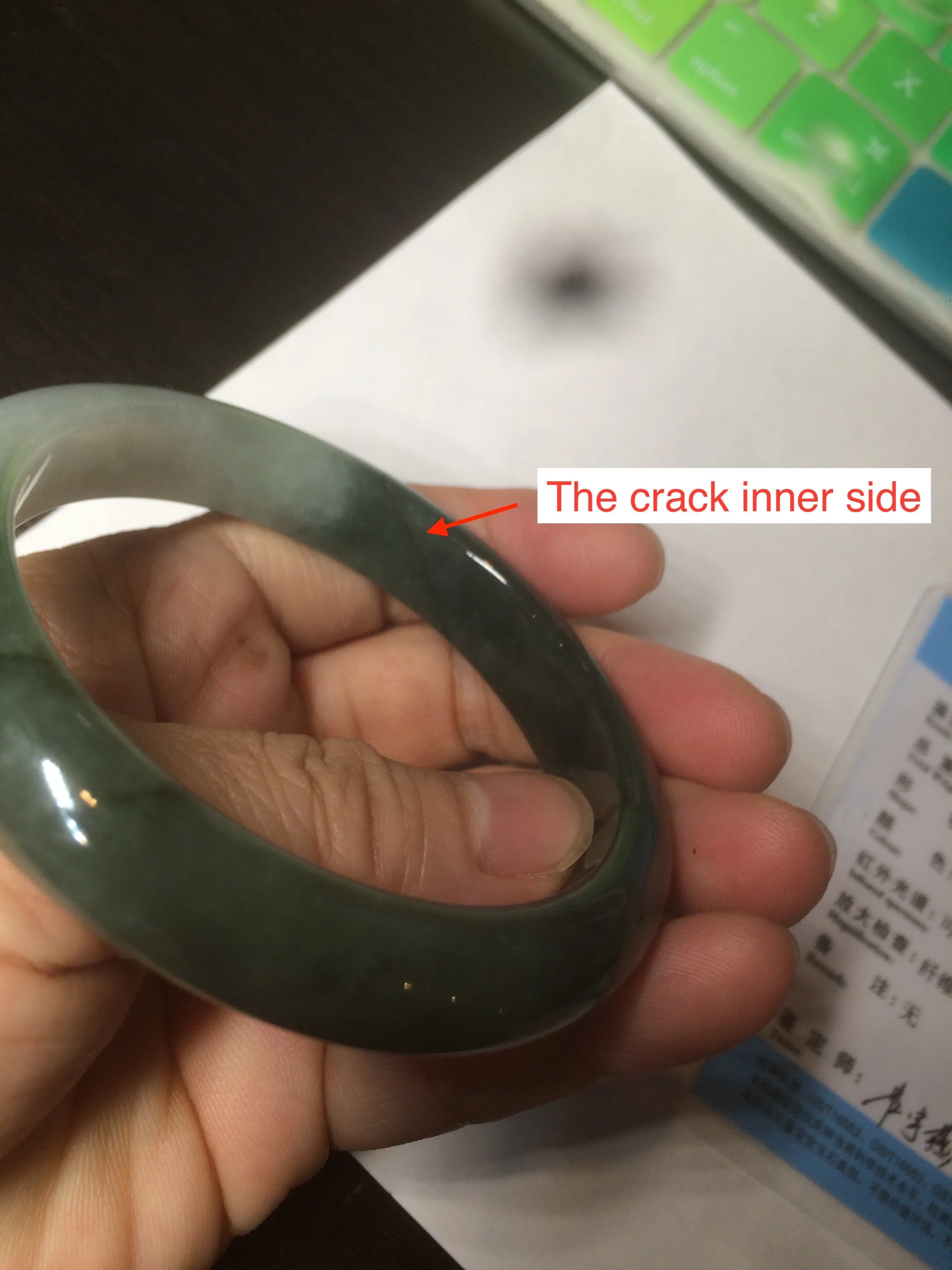 57mm certified type A 100% Natural watery dark green/black/white Jadeite jade bangle M94-0390