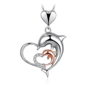 925 Sterling Silver Dolphin Mom & Baby Heart Pendant with Rose Gold and Zirconia Crystals