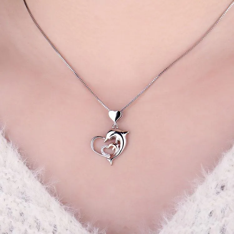 925 Sterling Silver Dolphin Mom & Baby Heart Pendant with Rose Gold and Zirconia Crystals