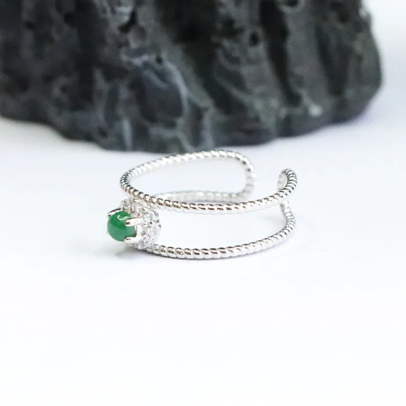 925 Sterling Silver Hollow Double Layer Ring with Natural Ice Emperor Green Jadeite