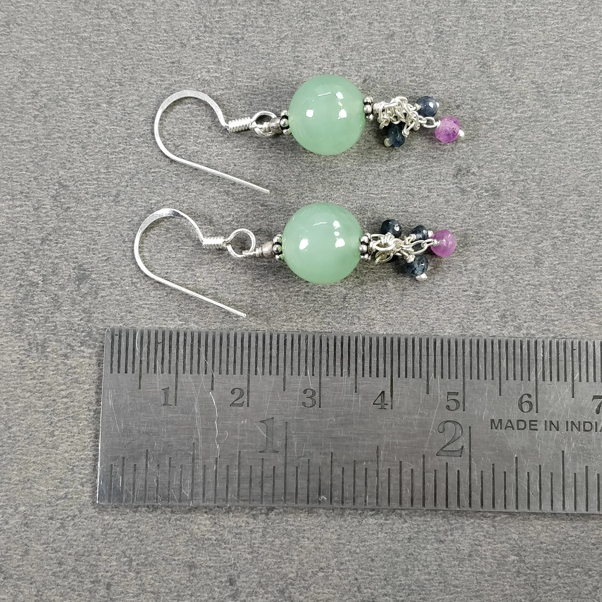 925 Sterling Silver SERPENTINE Blue Pink SAPPHIRE Gemstone Beaded Earrings : 5.70gms Natural Drop Dangle Hook Earrings 1.75"