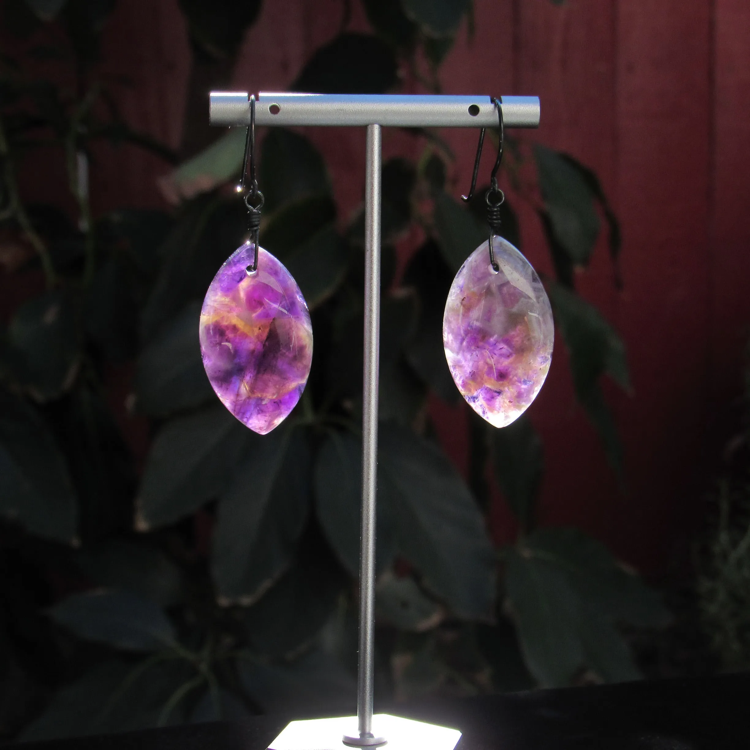 Amethyst Gemstone and Oxidized Sterling Silver Drop Earrings