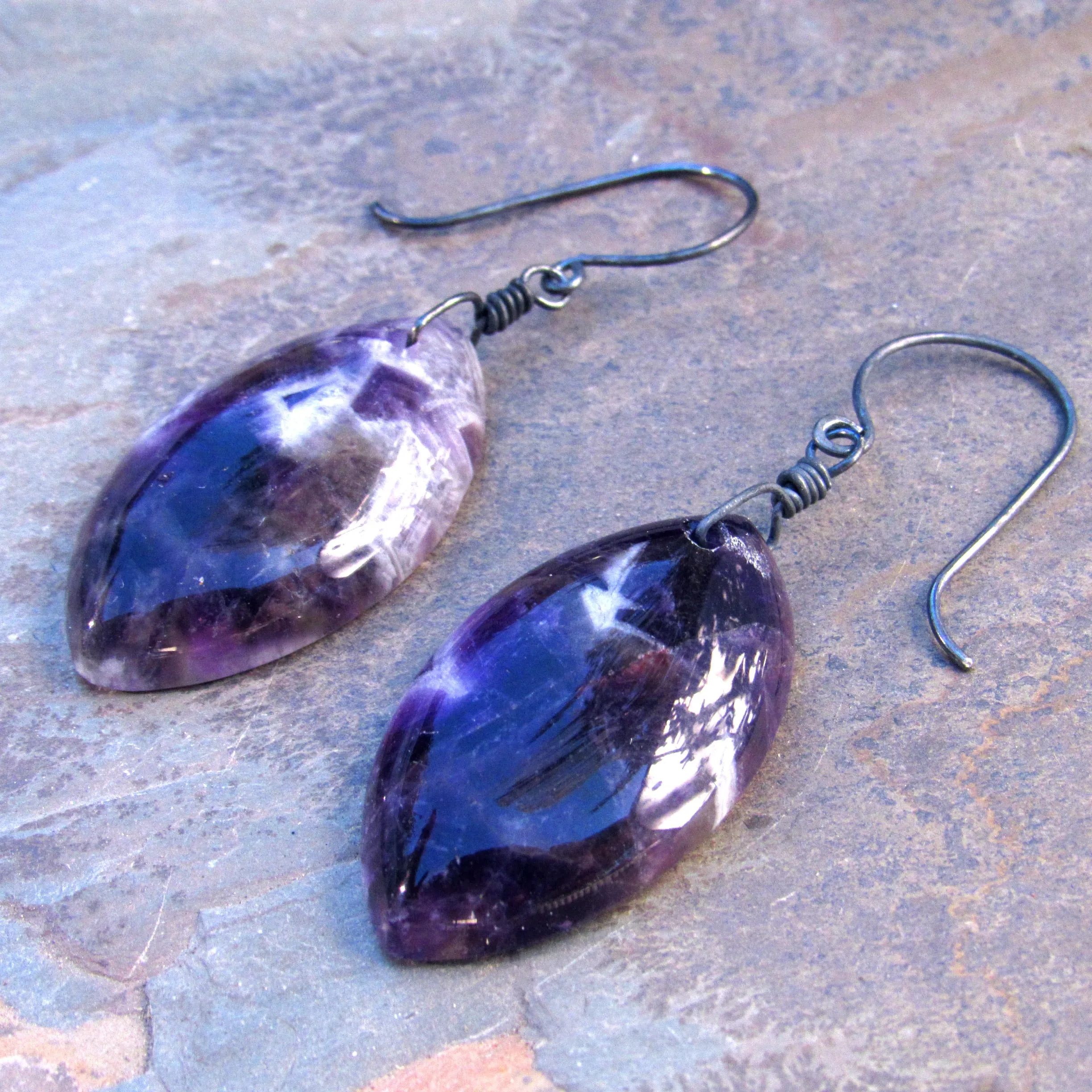 Amethyst Gemstone and Oxidized Sterling Silver Drop Earrings