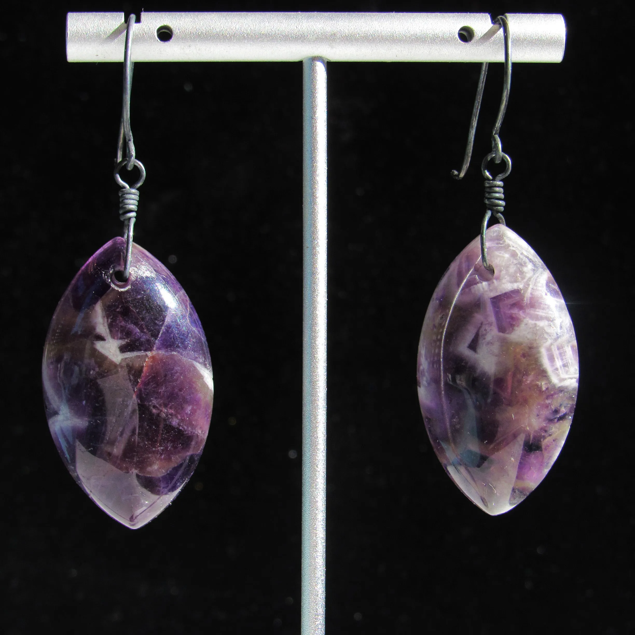 Amethyst Gemstone and Oxidized Sterling Silver Drop Earrings