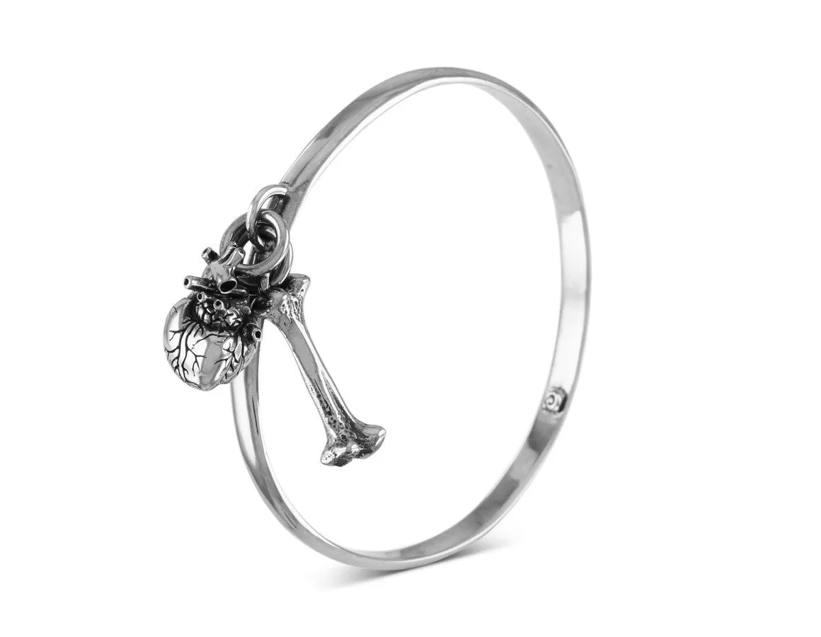 Anatomical Heart & Bone Bangle - Silver