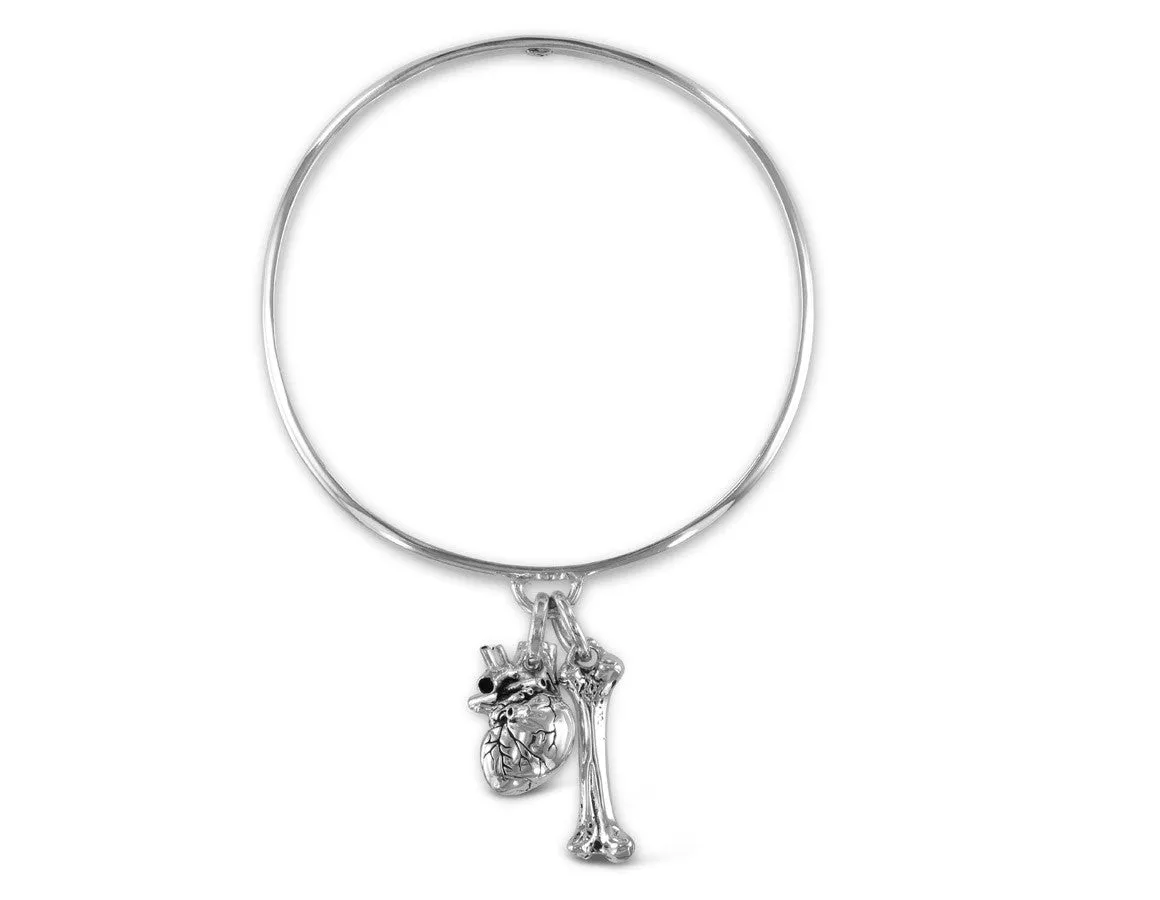 Anatomical Heart & Bone Bangle - Silver