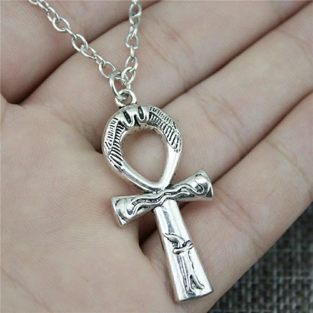 Antique Engraved Ankh Pendant with Chain Necklace