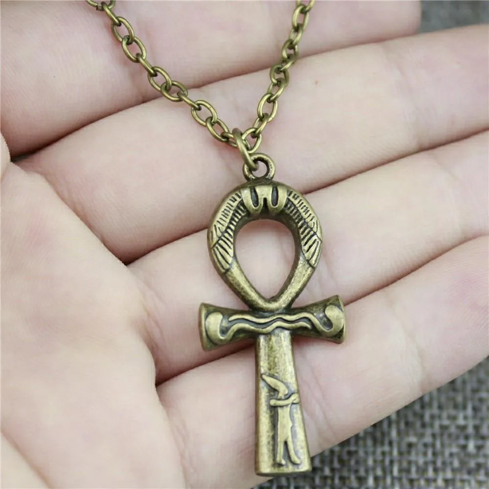 Antique Engraved Ankh Pendant with Chain Necklace